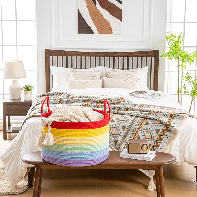 KAKAMAY Large Blanket Basket with Handles, Storage Basket for Living Room | Extra Large Capacity | Natural Cotton Rope | Blanket Storage | Woven Storage Basket | Stuffed Animal Storage | Laundry Basket - Image 8