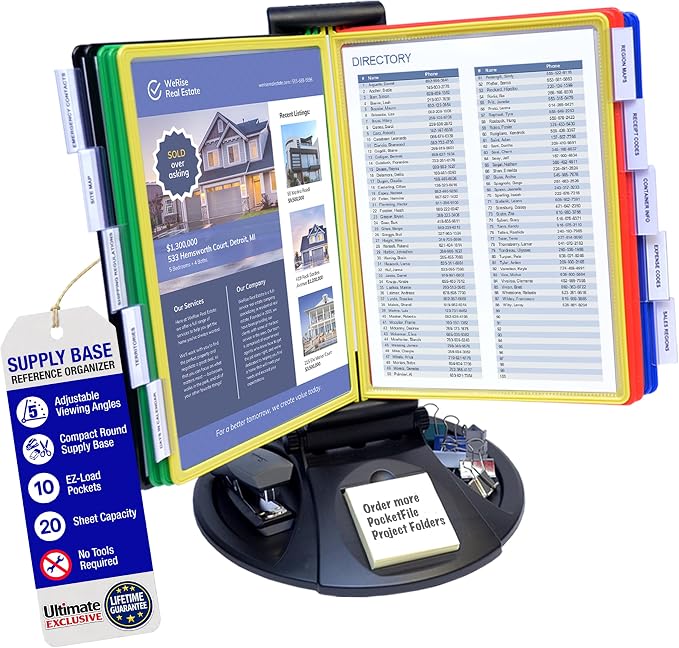 Ultimate Office AdjustaView Supply Base Desk Reference Display Organizer CL | 5 Adjustable Viewing Angles PLUS Functional Supply Storage Base, 10 Letter Size EZ-Load Color Pockets, Easy No Tool Assembly by UltimateOffice