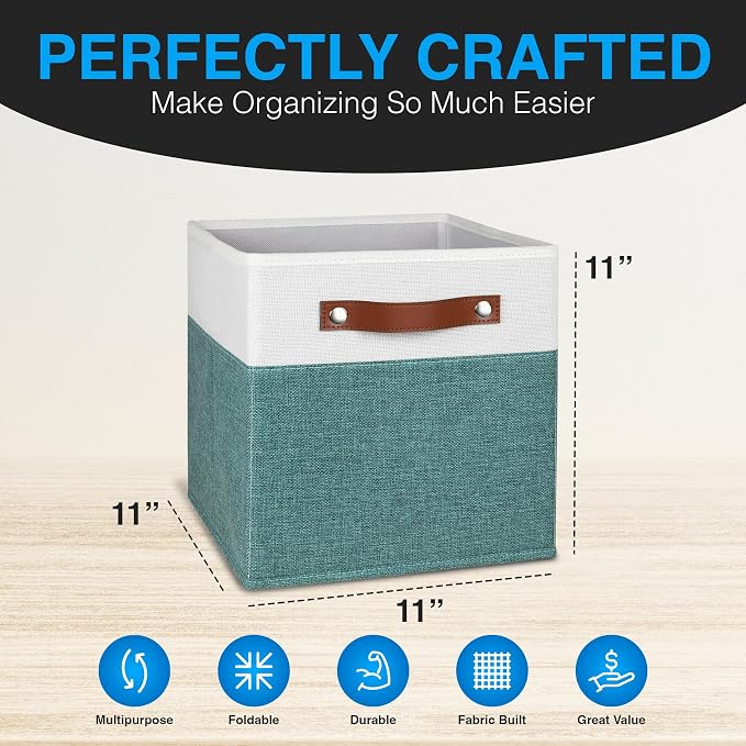 11 Inch Cube Storage Bin - 4 Pack - Linen Fabric 11x11 Cube Storage Bins for Bedroom, Living Room, Clothes and Toys; Foldable, Dual Leather Handles - Image 2