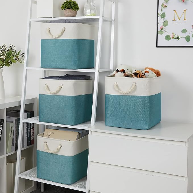 Temary Cubes Storage Baskets 12 Inch Cube Storage Bins for Shelf, Fabric Storage Cubes for Gift Empty Baskets for Home, Collapsable Box Basket for Storage (White&Teal) - Image 5