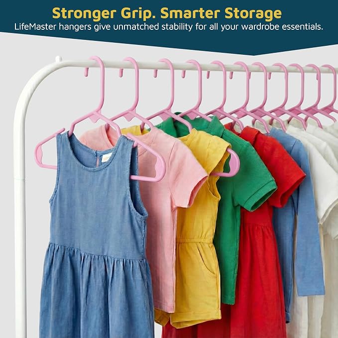 Lifemaster Plastic Kids Clothes Hangers – Children Clothes Hanger with Shoulder Notch, 11.6 Inch Space-Saving Closet Organizer for Baby, Toddler, and Kids Clothing, Hold Up to 5 lbs, Pack of 50, Pink - Image 3