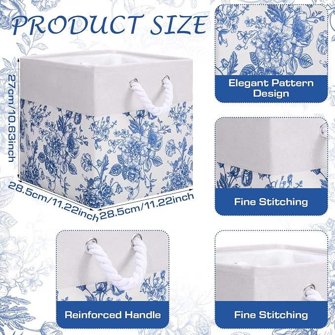 LemonRoad 6 Pcs Blue Floral Cube Storage Bins 11.22 Inch Square Storage Basket with Handle, Preppy Girls Organizer Basket, Collapsible Fabric Box for Classroom Bedrooms Office Home Decoration Giftad - Image 2