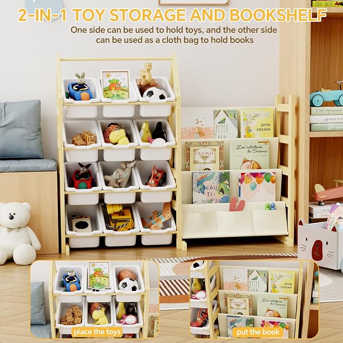 Wooden Toy Storage Organizer Kids Bookshelf, with 12 Toy Organizer Bins, Child Book Shelf for Kids Rooms, Nursery, Baby Room, Playroom, Montessori Toys Storage Organizers Rack Bookcase Shelves - Image 2