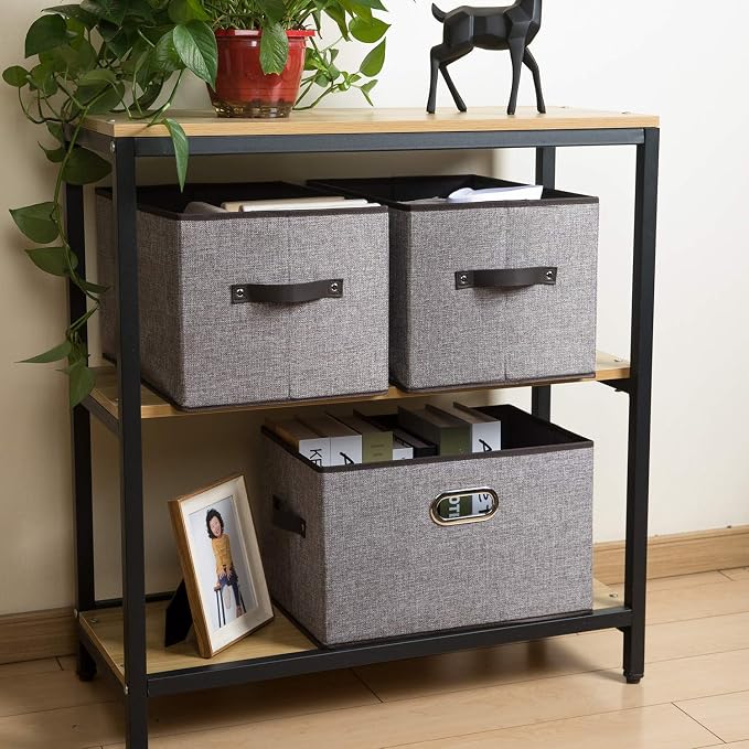 Larger Collapsible Storage Bins for Closet [3-pack] Decorative Linen Fabric Storage Baskets Cubes with Leather/Metal Handles for Living Room Cloth Grey and Black Trim (17.3x12.2x10.4 Inch) - Image 3