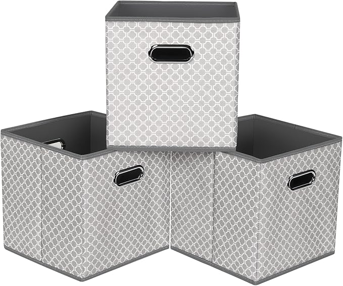 Fabric storage bins Cubes, Fabric Cube Organizer with Handle, Foldable Cube Bins for Cloth or Accessary Storage, 11x11x11, Set of 3, (Light Grey) by Yunkeeper