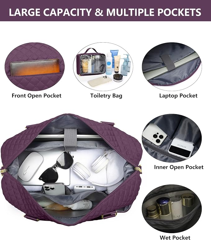 Women Weekender Travel Duffle Bag: Travel Duffel Overnight Bags with Shoe Compartment Carry on Tote Bag Toiletry Bag Weekend Yoga Gym Hospital Bags for Labor and Delivery with Wet Pocket Dark Purple - Image 2