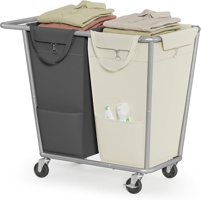 SONGMICS Laundry Basket with Wheels, 2-Section Laundry Sorter, 50.2 Gallons (190 L) Rolling Hamper with Removable Bags, Heavy-Duty Steel Frame, Cream White and Dark Gray URLS009X01 by Unknown