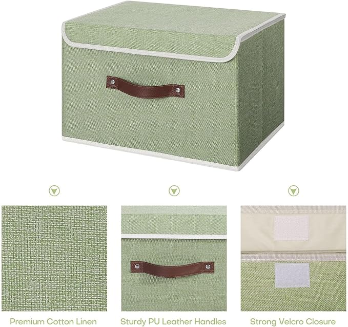 ANMINY Fabric Storage Box Bins with Lids, Green, 13"x9"x7.9", 2 Pack | Keepsake Memory Storage, Cotton Linen, PP Board Reinforced, Washable, PU Handles, Foldable & Stackable, Decorative, Medium - Image 4
