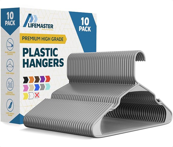 Lifemaster Plastic Clothes Hangers – Heavy Duty Hanger Set, for Organizing Clothes, Dresses, and Coat, Holds Up to 5 lbs, Space-Saving Hangers with Non-Slip Shoulder Grooves, Pack of 10, Gray by LIFEMASTER