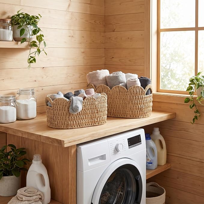 iEGrow Paper Rope Scalloped Basket, Set of 2 Woven Storage Wicker Baskets with Handle for Organizing and Shelves, Cute Boho Oval Baby Baskets for Decor, Towel, Toys, Nursery, Book, Gift Natural - Image 5