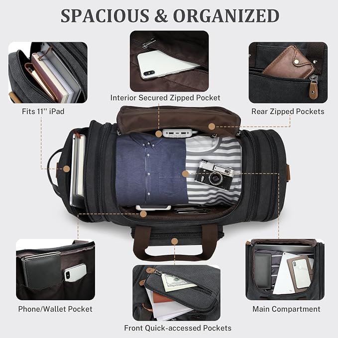 Gonex Canvas Duffle Bag, Expandable 60L Travel Overnight Weekender Bag | for Men, with Shoe Compartment, Multiple Pockets, Tear-Resistant, Durable Zippers, Detachable Strap, Dark Gray - Image 4