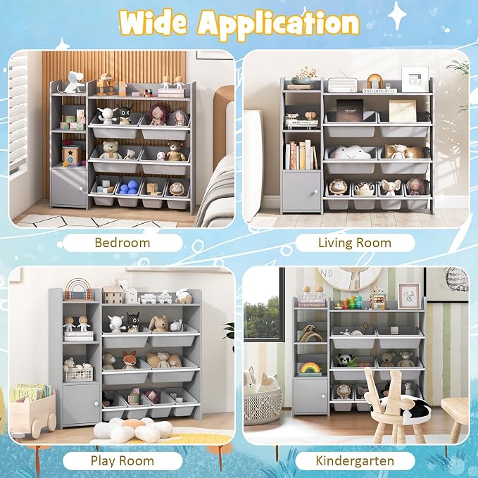 Costzon Kids Toy Storage Organizer, 4-Tier Kids Bookshelf Storage Cabinet w/8 Removable Bins, Preschool Children's Montessori Bookshelf w/Large Cabinet for Playroom, Daycare, Kids Room, Classroom - Image 8