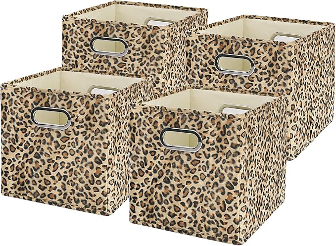 ANMINY Leopard Cheetah Print Storage Cubes Bins, Velvet, Brown, 11Inch 4PCS | Collapsible & Washable, PP Board Frame, Built-in Metal Handles, Animal Themed Fabric Cubes Baskets for Closet Shelves Decor - Image 6