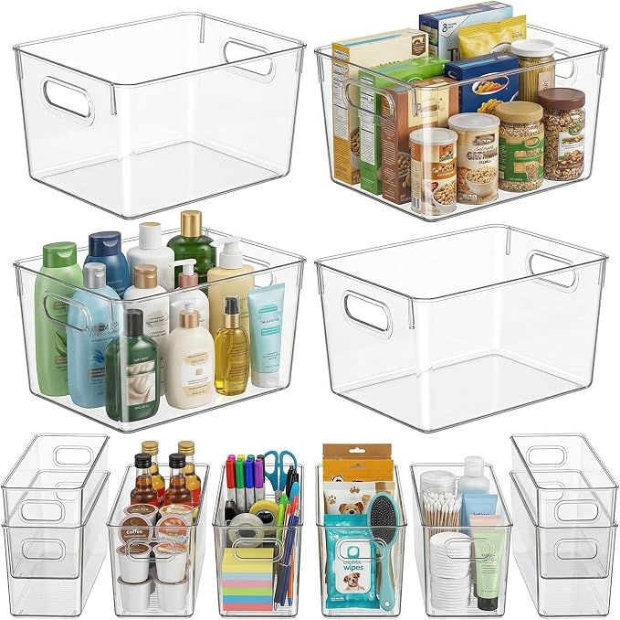 MOONEDGE Set of 12 Clear Plastic Storage Organizer Bins, 4 Large & 8 Small | Under-Sink Storage Containers, Bathroom, Kitchen, Fridge, Cabinet Organization, Clear Bins for Organizing, Small Storage Bins by MOONEDGE