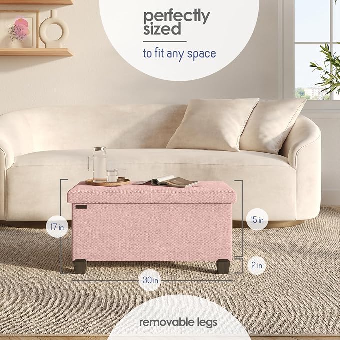 Storage Ottoman Bench with Bins, 30-in Storage Bench for Bedroom End of Bed, Folding Foot Rest Ottoman for Living Room Max 660lbs, Fabric Ottomans, Pink - Image 8
