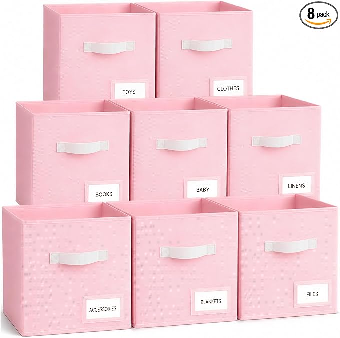Storage Cubes 8 Pack, 11 Inch Fabric Storage Cubes Organizer Bins with Labels, Odor-Free & Sturdy PP Structure, Cubby Baskets for Closet, Shelves, Toys & Nursery ( Pink) by Unknown