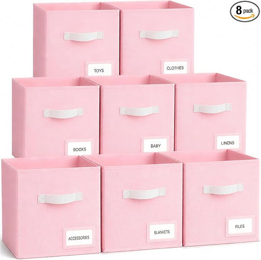 Storage Cubes 8 Pack, 11 Inch Fabric Storage Cubes Organizer Bins with Labels, Odor-Free & Sturdy PP Structure, Cubby Baskets for Closet, Shelves, Toys & Nursery ( Pink) by Unknown
