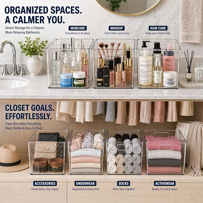 MOONEDGE 4 Pack Clear Plastic Storage Bins 11x8x6in Storage Containers | Drawer Organizer with Handles, Clear Bins for Organizing, Pantry, Kitchen, Fridge, Bath, Cabinet, Closet Shelf, Under-Sink - Image 5