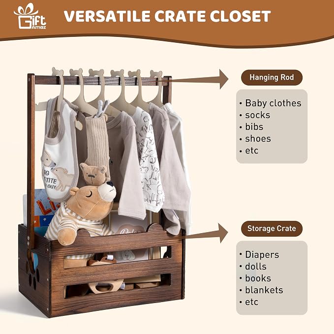 GiftAmaz Brown Wooden Baby Shower Crate Closet, Baby Storage Crate with Handle, Baby Shower Gifts Basket, Baby Welcome Box for Newborn Boys Girls, Pregnancy Gifts for New Parents - Image 4