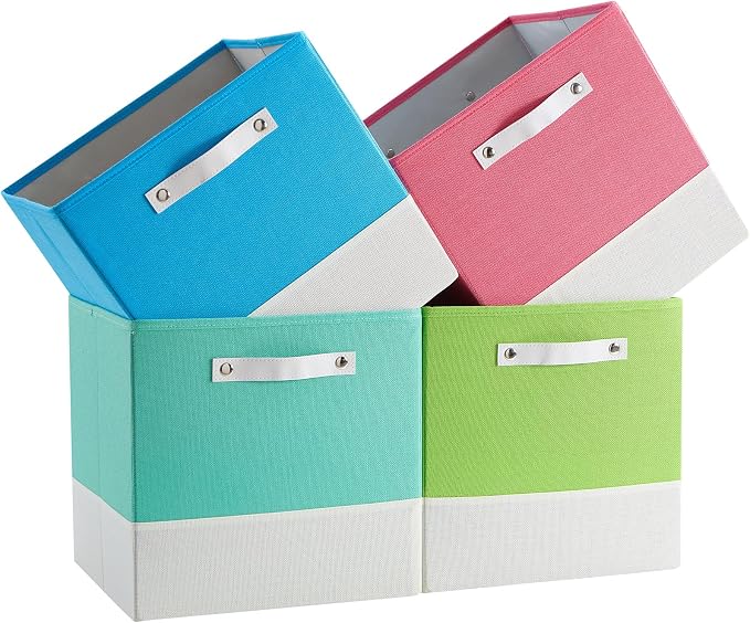 Cube Storage Bins | 13"x15"x13", Macaron & White, 4 Pack | Multi-Size | 2X Thick Support Board | Vegan Leather Handles | 7.7 oz/yd² Fabric | Drawer Insert Basket Fits KALLAX by FABINADO