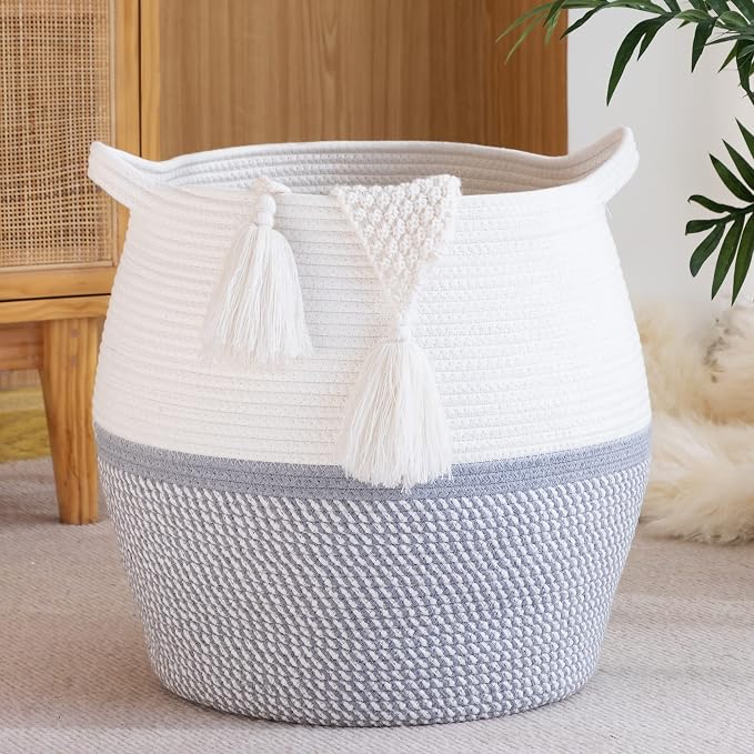 KAKAMAY Woven Baskets for Storage(17"x17"),Large Cotton Rope Woven Baby Laundry Hamper,Collapsible Laundry Basket, Blanket Basket for Organizing Living Room,Nursery,Pillows,Toy Chest(Grey) by KAKAMAY