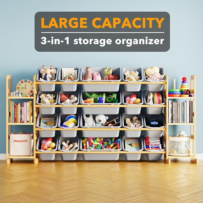SpaceAid Toy Storage Organizer with 6 Shelves and 20 Bins, Toy Organizers Storage Bookshelf, Kids Bin Shelf Toys Box Bookcase for Bedroom Playroom Organization Room Decor, Neutral Gray - Image 3