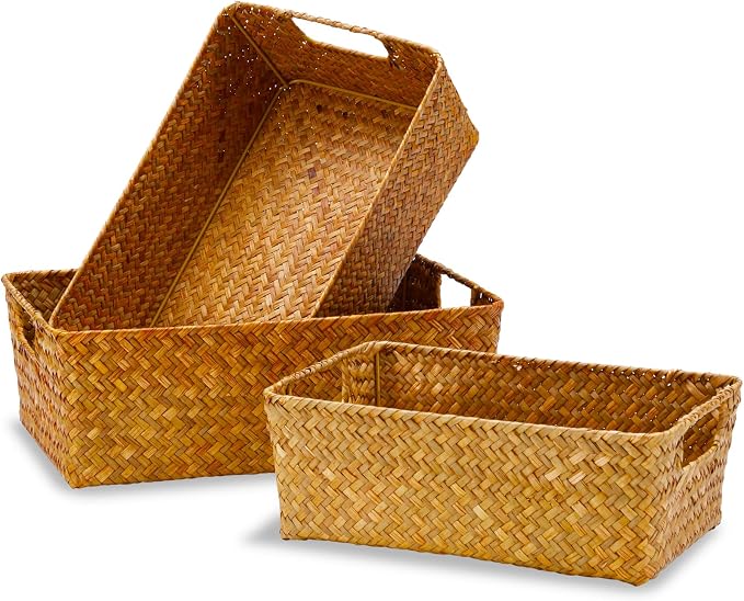 Seagrass Storage Basket with Handles, Stackable Woven Baskets Bins Container for Organizing Shelves Bedroom Living Room, Set of 3, Natural - Image 6