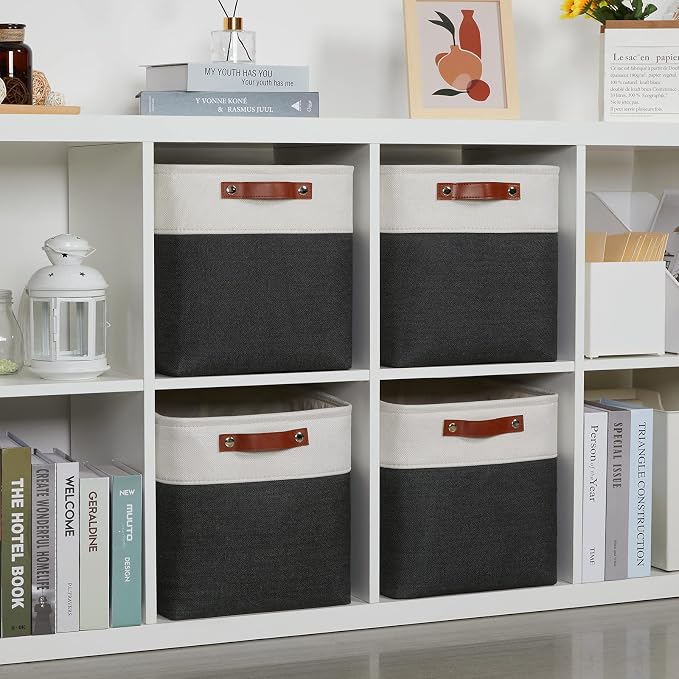 DULLEMELO Set Of 4 Cube Storage Bins, Fabric Storage Basket for Shelves Closet Storage, 12 Inch Collapsible Fabric Bins for Book Magazine Towel Organizers(4 Pack - 12" White&Black) - Image 7