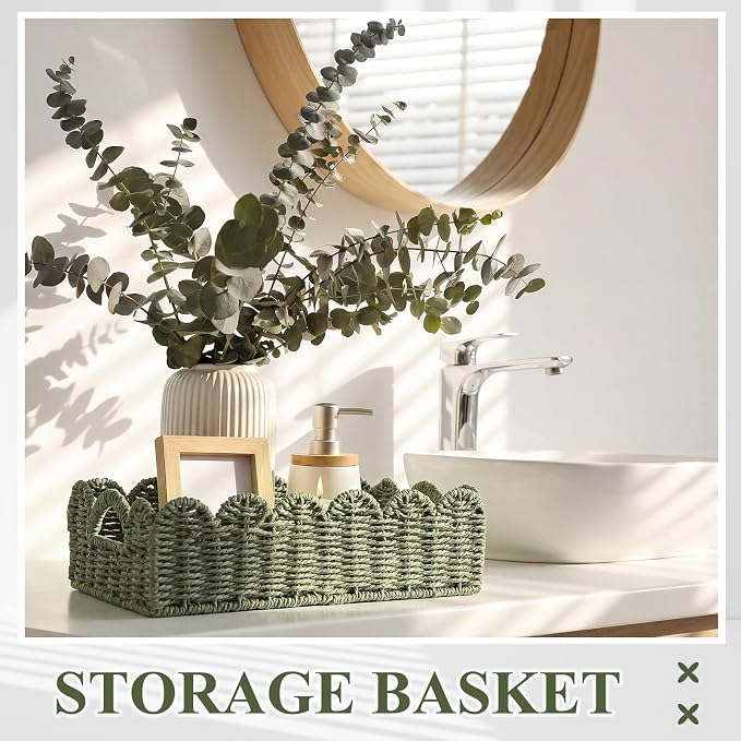 Boao 3 Pcs Boho Storage Wicker Baskets Handmade Woven Decorative Paper Rope Baskets for Organizing with Handle Countertop Toilet Paper Storage Container for Toilet Tank Top(Green,Fan-shaped) - Image 5