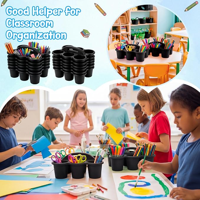 Novabright 12 Pack Classroom Caddy, Stackable Plastic Caddy Storage Basket with Handle for Kids, Table Desk Office Arts, Crafts, Crayon, Marker, Pencil, School Supplies (Black) - Image 2