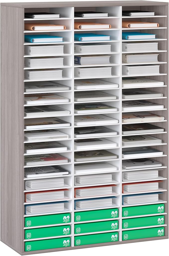 EasyPAG 60 Compartments Wooden Literature Organizer with Adjustable Shelves, 30000 Sheets Capacity Paper Organizer, Classroom Mailbox and Mail Sorter for Teachers and Office, Retro Gray/White by EasyPAG