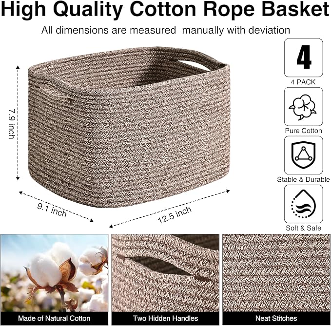 ICERZCZ Storage Baskets for Shelves Organizing, Woven Cotton Rope Baskets for Storage, Book Basket, Decorative Shelf Basket, 12.5"Lx9.1''Wx7.9''H (4 Packs) Dark Brown - Image 3