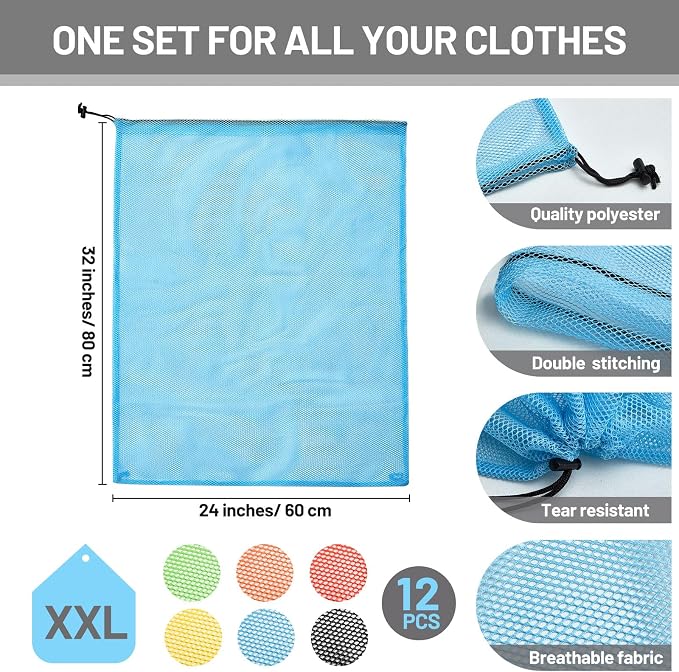 Berlune 12 Pcs 32 x 24 in Large Laundry Bag Colorful Extra Large Mesh Laundry Bag Bulk with Drawstring Heavy Duty Mesh Machine Washable Drawstring Pouch for Clothing Classification Dorms, Laundromats - Image 3