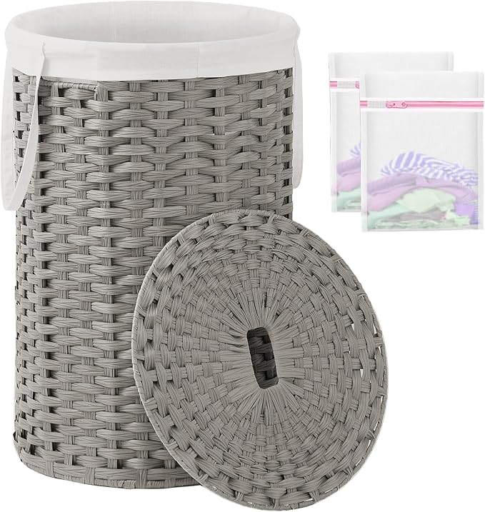 SETVSON Large Laundry Hamper Laundry Basket with Lid, Round PE Rattan, Gray | 130L Large Woven Basket with Lid, Removable Washable Liner Bag, 2 Mesh Laundry Bags, Foldable Long Side Handles by SETVSON