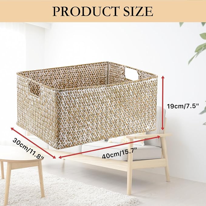 Hipiwe Wicker Storage Basket Bin X-Large Rectangular Opened Baskets Box | Handwoven Seagrass Basket Box with Handle for Shelf Organizing Closet Bathroom, 15.7" L x 11.8" W x 7.5" H - Image 3