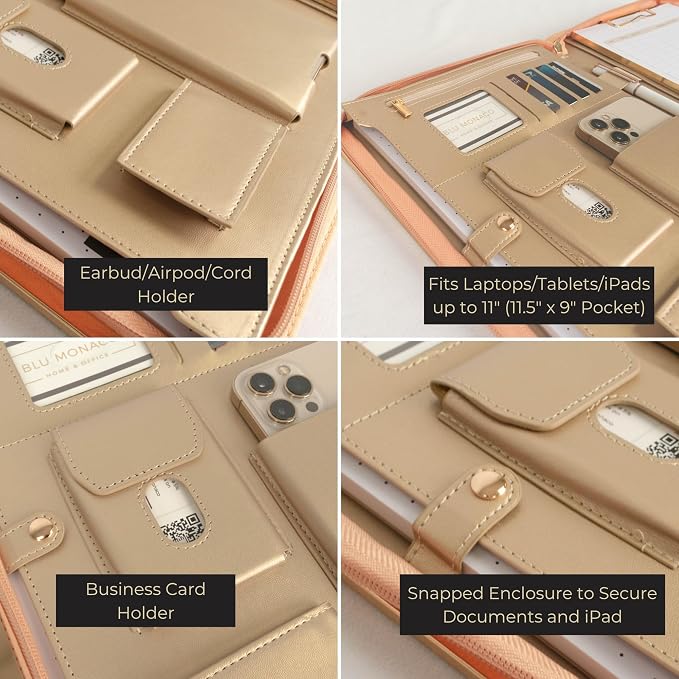 BLU MONACO | Peach Beige Vegan Leather Portfolio Binder for Women | Zipper Portfolio Binder with Gold Trim | Professional Business Portfolio with Zipper for 8.5 x 11 Documents - Image 3