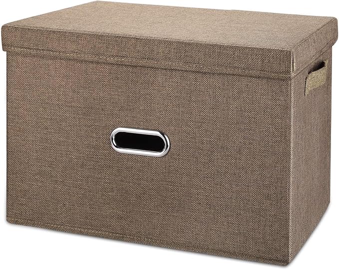 Large Linen Fabric Foldable Storage Bins with Removable Lid and Handles, Washable Storage Box Organizer Containers Baskets Cube with Cover for Bedroom,Office(Coffee, XXL) by Unknown