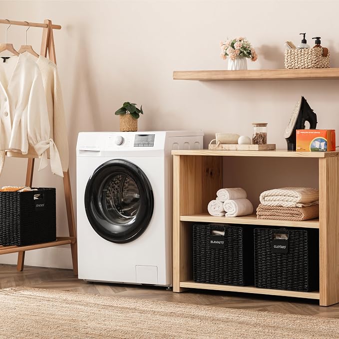 UBBCARE 2 Pack Wicker Basket, 10.5×10.5 Storage Cubes with Label, Foldable Cube Storage Bin with Handle, Square Storage Basket for Shelves, Woven Paper Rope Basket for Organizing, Black - Image 6