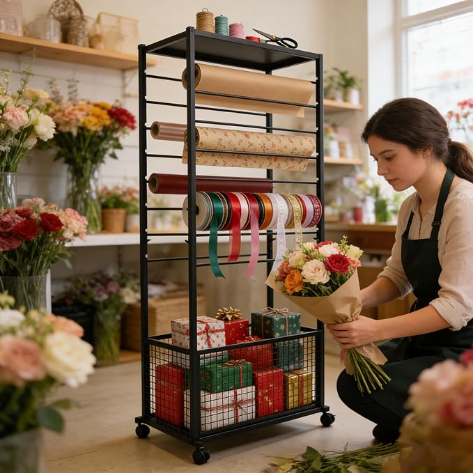 Ribbon Holder Organizer Rack, 16-Layer Double-Sided Wrapping Paper Rack, Expandable Large Iron Rolling Ribbon Storage Rack with Top Shelf and Bottom Basket for Flower Shop, Craft Room, H: 59Inch - Image 2