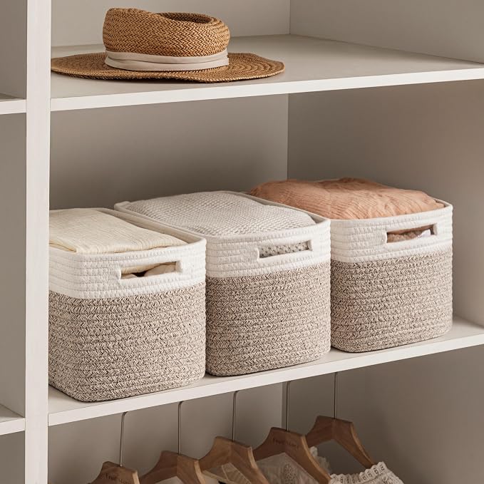 4 Pack Storage Baskets for Organizing, Woven Baskets for Shelves, White&Light Brown - Image 4