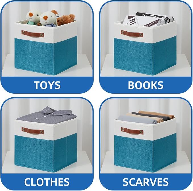 Temary Storage Cube Bins 11 Cube Storage Bins Storage Baskets for Closet, Shelves 4 Pack Fabric Organizer Bins with Leather Handles(White&Teal) - Image 4