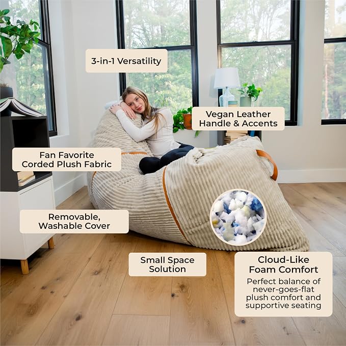 Big Joe Turnabout 3-in-1 Convertible Bean Bag Chair, Vanilla Latte - Image 4