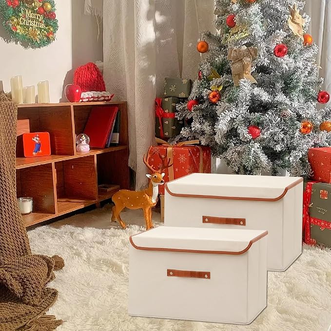 Tuza 4 Pack Large Fabric Storage Bins with Lids, Foldable Storage Boxes with Lids for Organizing, Decorative Storage Boxes with Handles for Home, Bedroom, Closet, Office(Khaki, Large) - Image 3