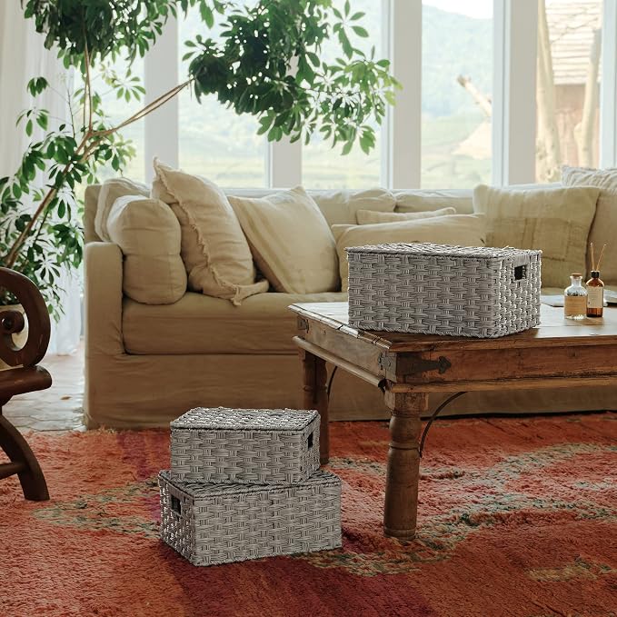 GRANNY SAYS Wicker Basket with Lid, Wicker Storage Baskets for Shelves | Woven Baskets with Lids, Wicker Baskets for Storage, Decorative Storage Boxes, Woven Stackable Basket with Lid, 3 Pack - Image 2