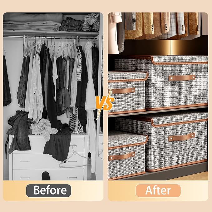 Tuza 4 Pack Storage Bins with Lids, Collapsible Closet Organizer Container, Fabric Organizer Box with Handles, Decorative Storage Boxes with Lids for Organizing Clothes, Books, Light Grey, Large - Image 5