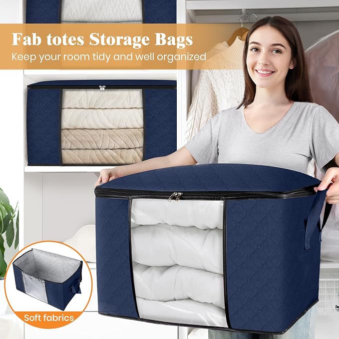 90L Clothes Storage, Foldable Thick Fabric Blanket Storage Bags | Foldable Containers with Zippers,Window and Handles for Organizing Bedroom, Closet, Comforter, Bedding,Dorm essentials - Image 5