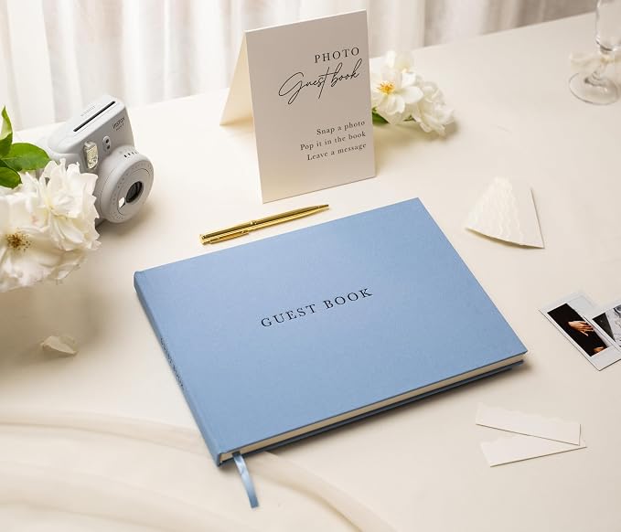 Real Linen Guest Book Set - 11.5 x 8.5 Embossed Guestbook for Weddings, Showers, Events, Blank & Lined, Comes with Sign, Pen, Box and Photo Sleeves, 120 Pages (Light Blue) - Image 2