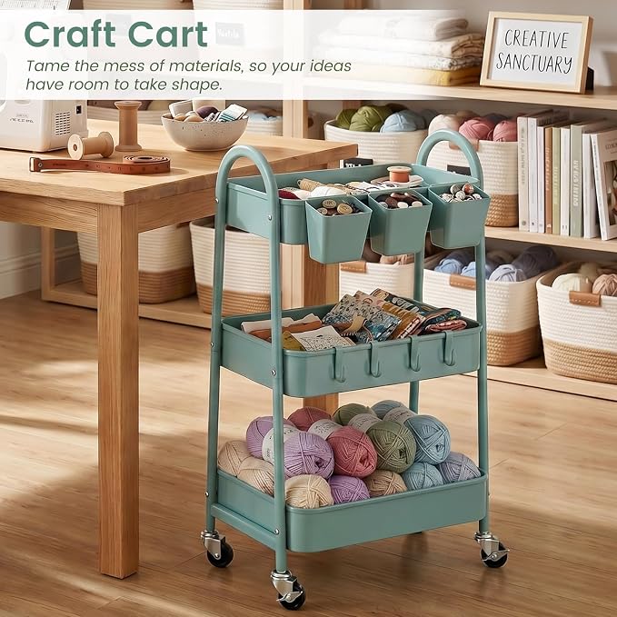 danpinera 3-Tier Rolling Cart, Utility Cart Mobile Metal Rolling Storage Cart with Lockable Wheels & Hanging Cups & Hooks for Kitchen, Bathroom, Office, Workshop, Green - Image 6
