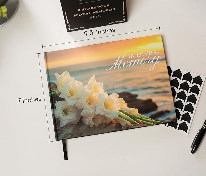 Ocean Hardcover Funeral Guest Book - 9.5 x 7 Celebration of Life Guestbook for Memorial Service with 5x7 Paper Sign, Pen, Black Photo Corner Stickers - Image 6