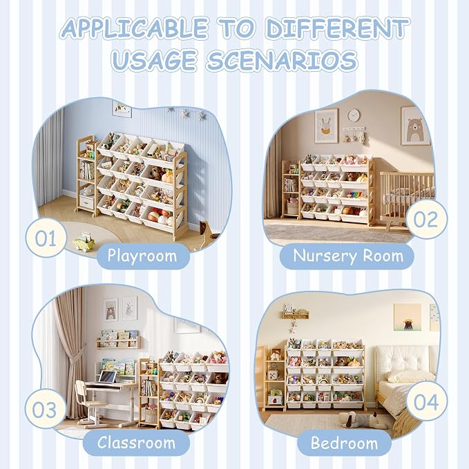 EXPERLAM Toy Storage Organizer, Toy Storage Shelf with 3 Shelves and 16 Storage Bins (12 Small + 4 Large), 3-in-1 Kids Bookshelf for Kids Rooms, Playroom, Nursery, White - Image 9
